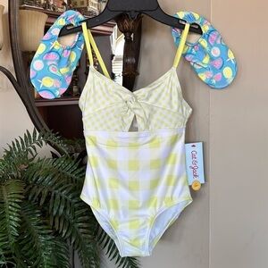 Brand New Cat & Jack Girls Yellow Gingham One-Piece Swimsuit UPF 50+ Water Shoes